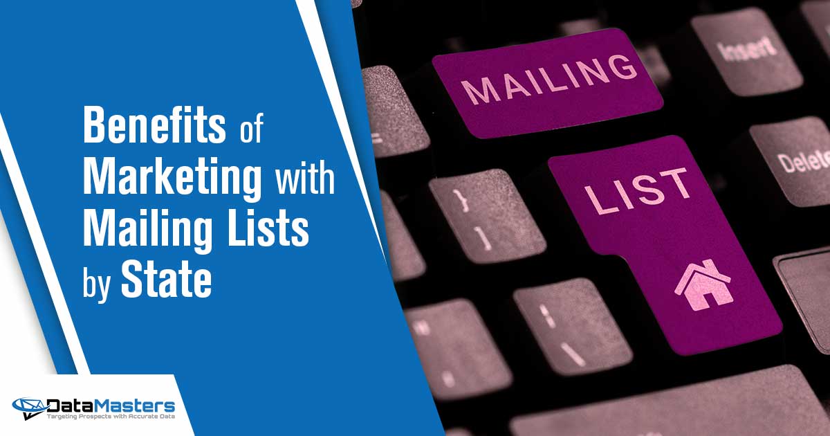 Sign showcasing 'Mailing List, Business Approach: List of people who subscribed,' featuring DataMasters branding. Emphasizing the advantages of marketing with mailing lists by state, perfectly aligning with the page's context.