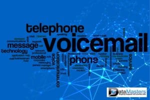 Blue back ground image with image on the right showing several words in a group about telephones and voicemail.