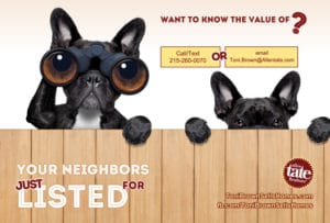 A real estate postcard design example featuring two French bulldogs peeking over a wooden fence, one of them holding binoculars.